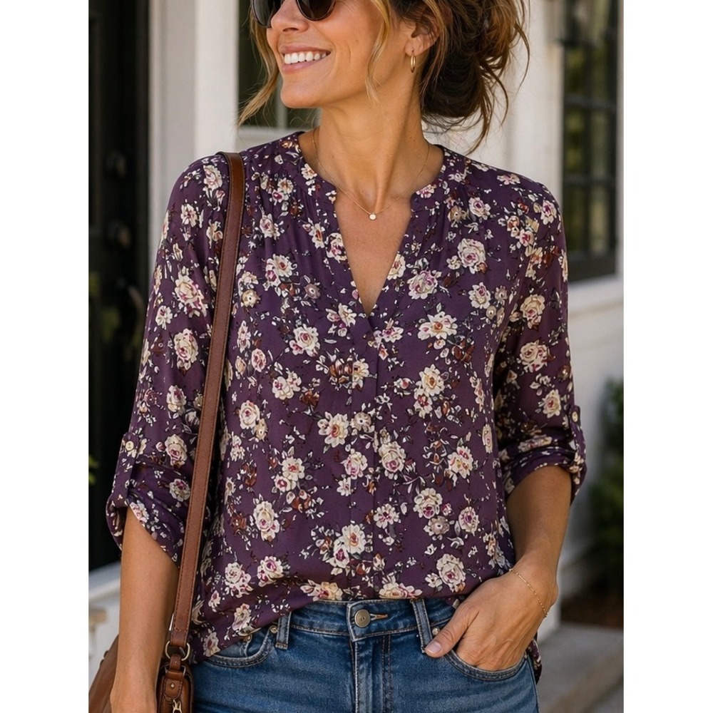 Lush Womens Floral V-Neck Roll Tab Sleeve Blouse Purple XS Casual Office Work
